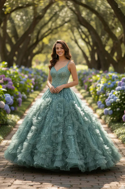 Woman in a green textured ruffle ball gown with spaghetti straps and glitter detail, standing outdoors among blooming hydrangeas.