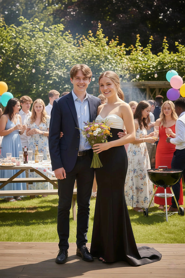 Sevoba prom couple photo, girl in a strapless black and white mermaid gown holding a bouquet at an outdoor graduation party