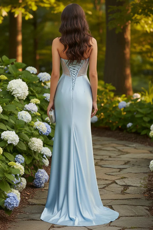 Strapless Beaded Corset Satin Mermaid Prom Dress with Slit | Promspark
