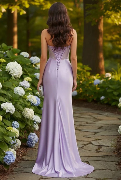 Strapless Beaded Corset Satin Mermaid Prom Dress with Slit | Promspark