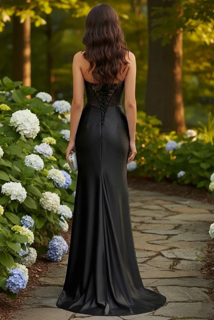 Strapless Beaded Corset Satin Mermaid Prom Dress with Slit | Promspark