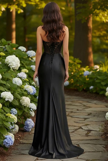Strapless Beaded Corset Satin Mermaid Prom Dress with Slit | Promspark