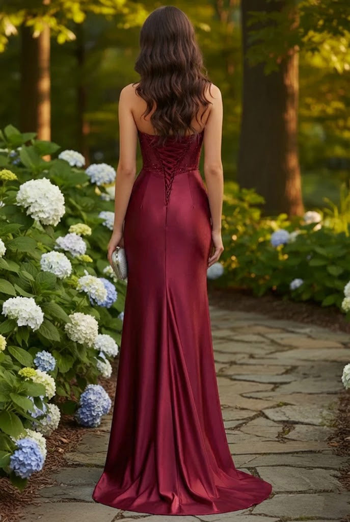 Strapless Beaded Corset Satin Mermaid Prom Dress with Slit | Promspark