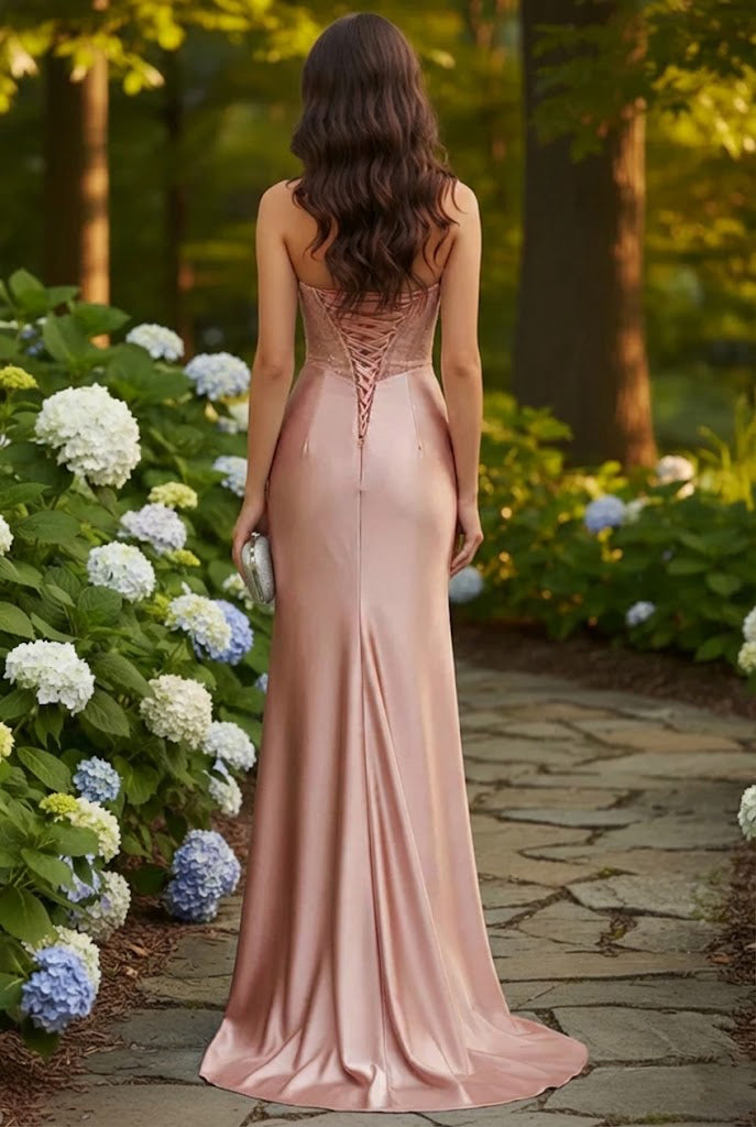 Strapless Beaded Corset Satin Mermaid Prom Dress with Slit | Promspark