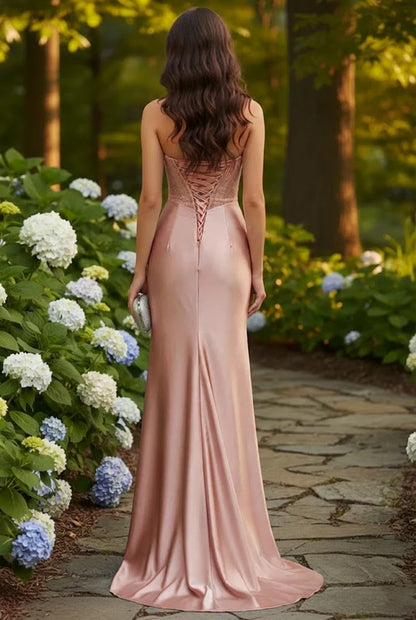 Strapless Beaded Corset Satin Mermaid Prom Dress with Slit | Promspark