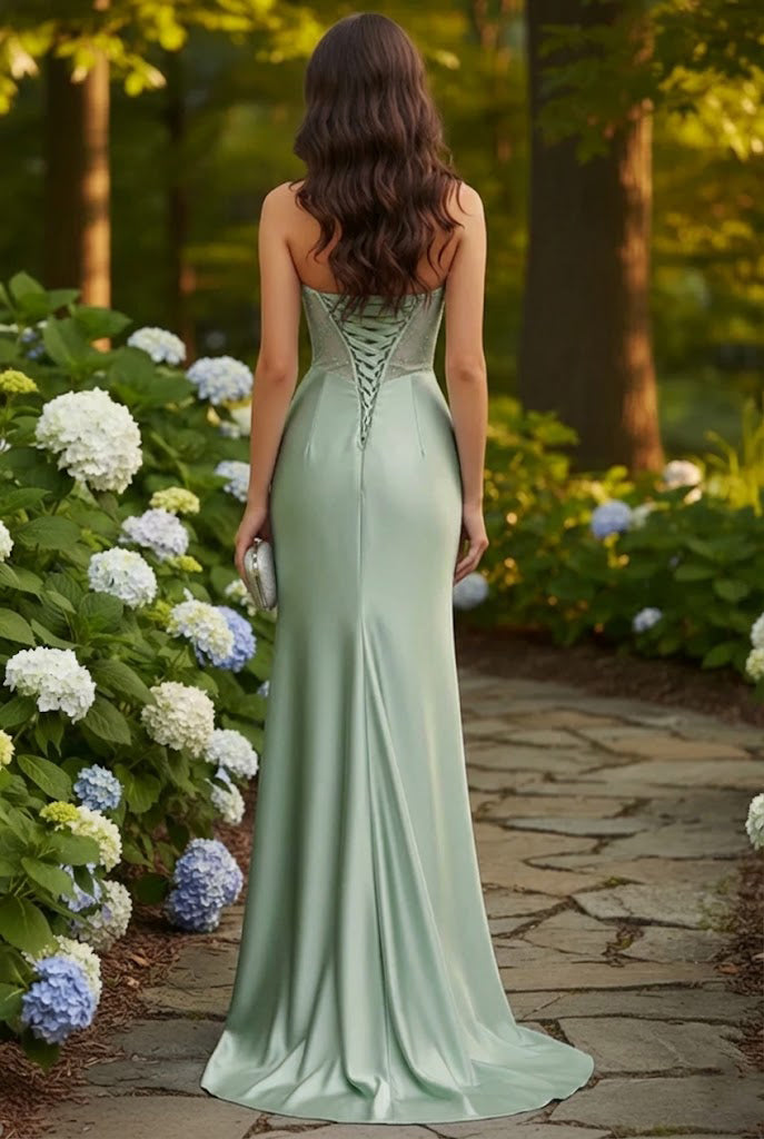 Strapless Beaded Corset Satin Mermaid Prom Dress with Slit | Promspark