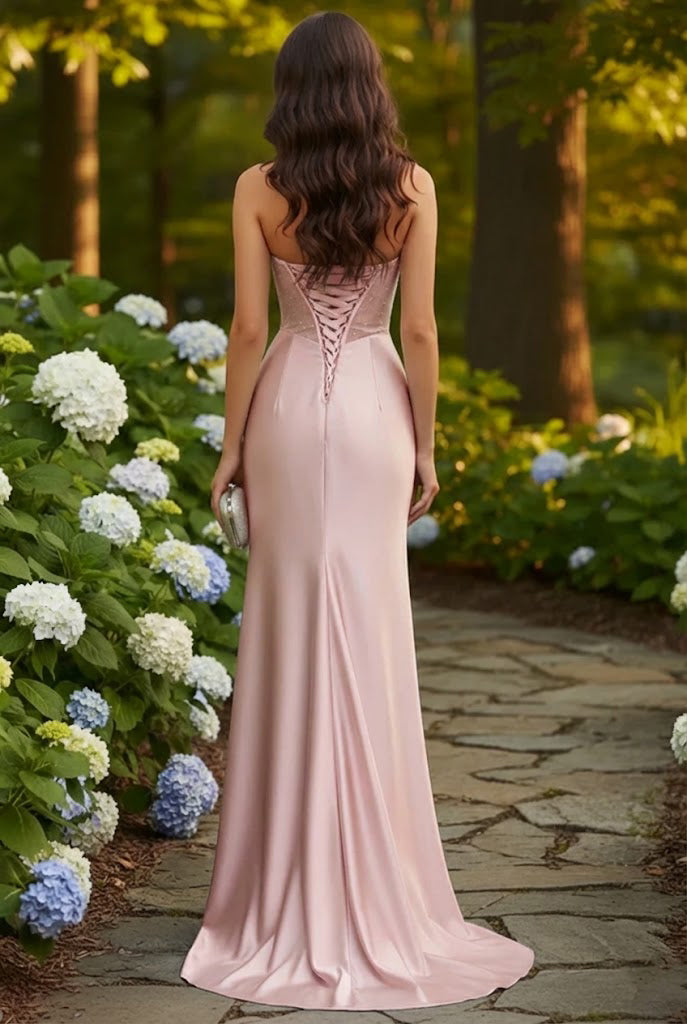 Strapless Beaded Corset Satin Mermaid Prom Dress with Slit | Promspark