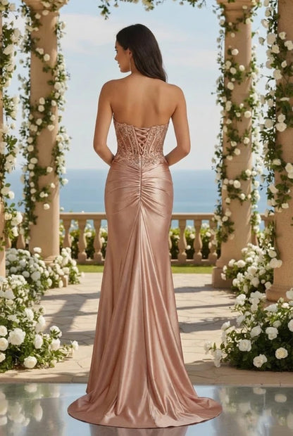 Strapless Beaded Lace Corset Satin Mermaid Prom Dress with Slit | Promspark