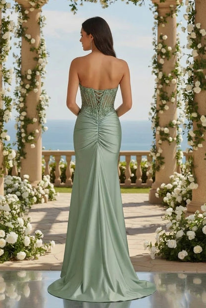 Strapless Beaded Lace Corset Satin Mermaid Prom Dress with Slit | Promspark
