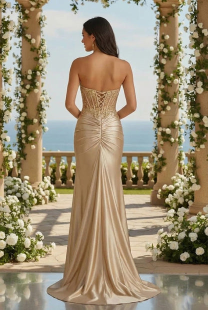 Strapless Beaded Lace Corset Satin Mermaid Prom Dress with Slit | Promspark