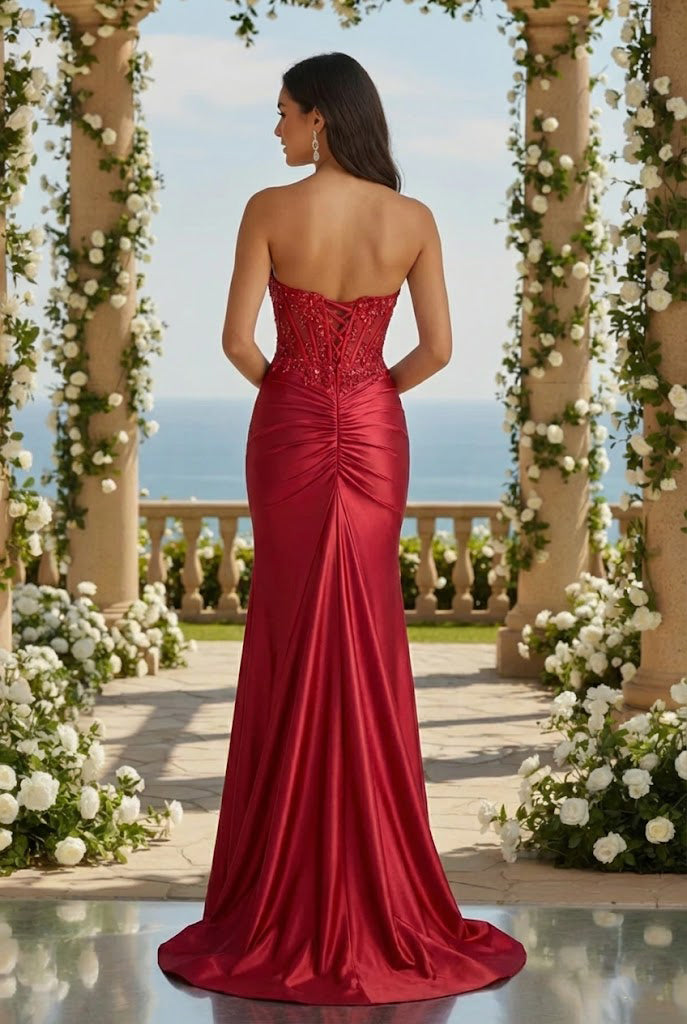Strapless Beaded Lace Corset Satin Mermaid Prom Dress with Slit | Promspark