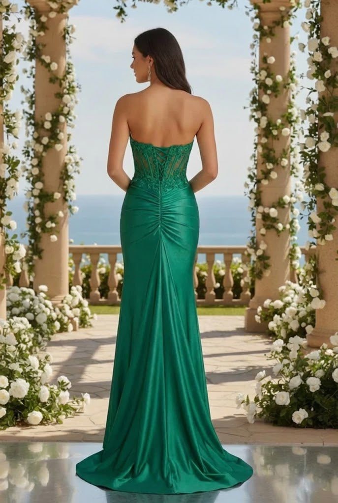 Strapless Beaded Lace Corset Satin Mermaid Prom Dress with Slit | Promspark