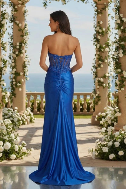 Strapless Beaded Lace Corset Satin Mermaid Prom Dress with Slit | Promspark
