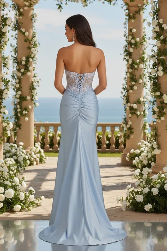 Strapless Beaded Lace Corset Satin Mermaid Prom Dress with Slit | Promspark