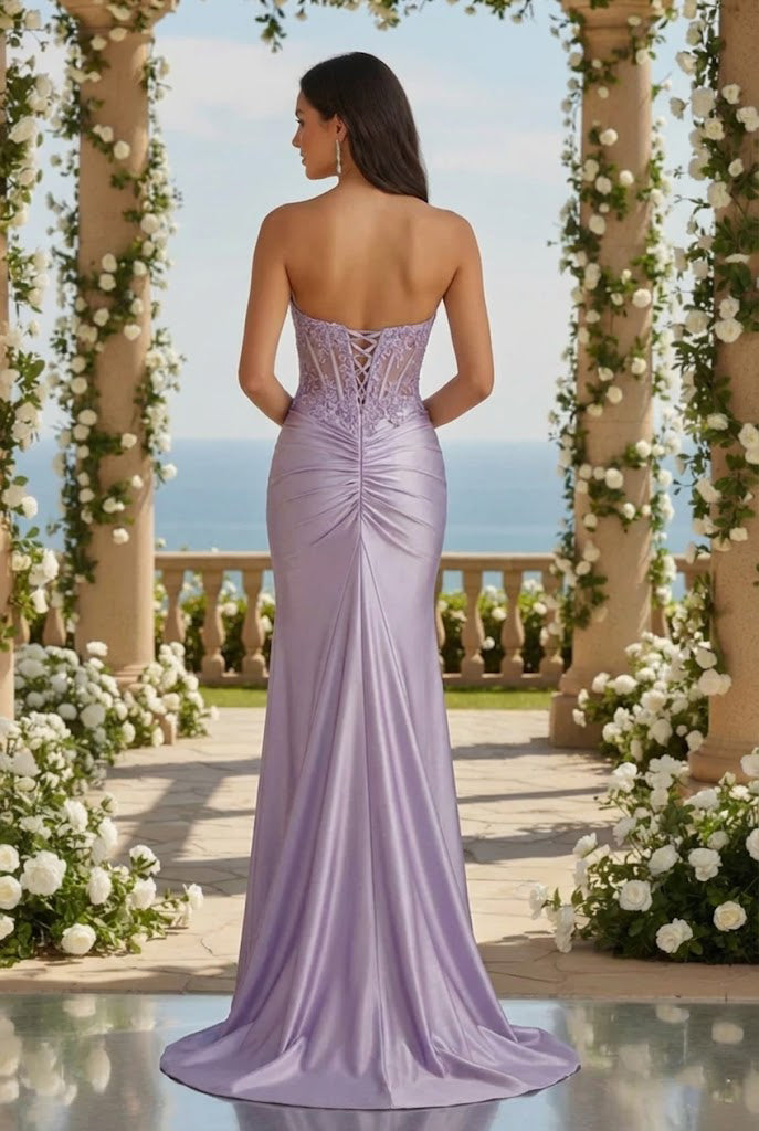 Strapless Beaded Lace Corset Satin Mermaid Prom Dress with Slit | Promspark