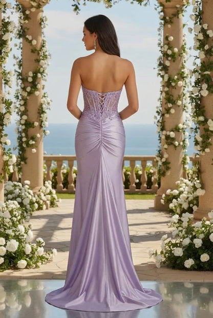 Strapless Beaded Lace Corset Satin Mermaid Prom Dress with Slit | Promspark