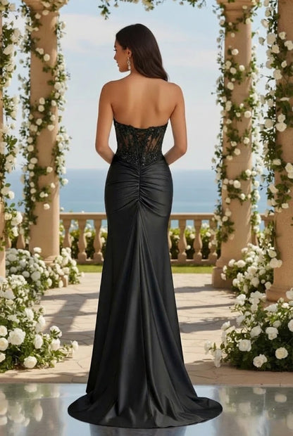 Strapless Beaded Lace Corset Satin Mermaid Prom Dress with Slit | Promspark