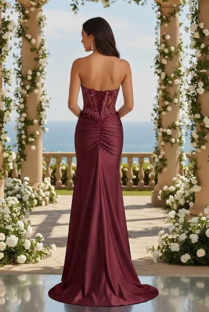 Strapless Beaded Lace Corset Satin Mermaid Prom Dress with Slit | Promspark