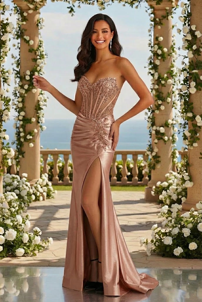Strapless Beaded Lace Corset Satin Mermaid Prom Dress with Slit | Promspark