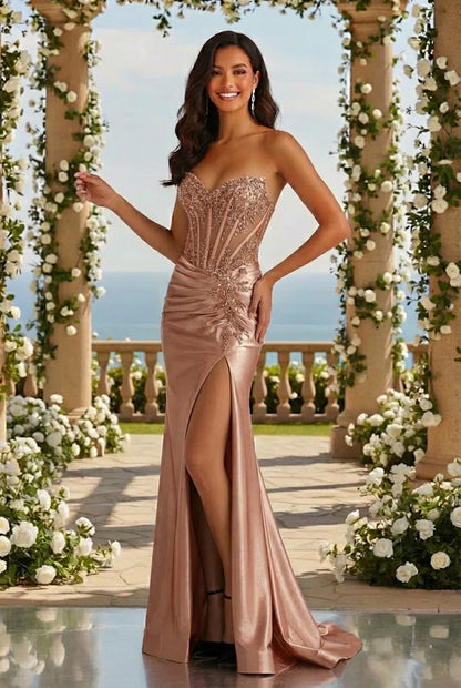 Strapless Beaded Lace Corset Satin Mermaid Prom Dress with Slit | Promspark