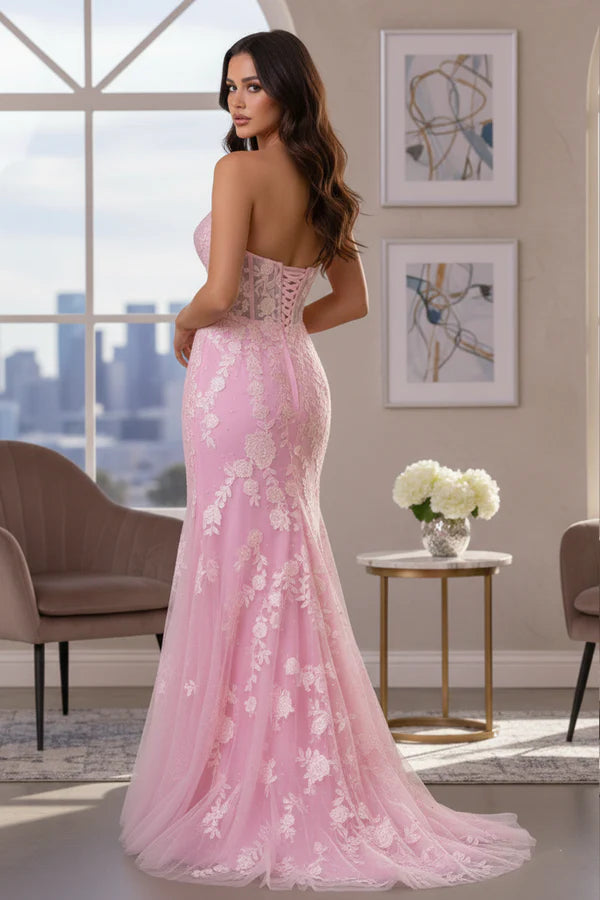 Strapless Floral Lace Mermaid Prom Dress with Corset Back | Promspark