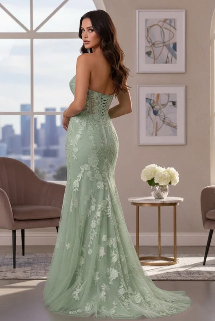 Strapless Floral Lace Mermaid Prom Dress with Corset Back | Promspark