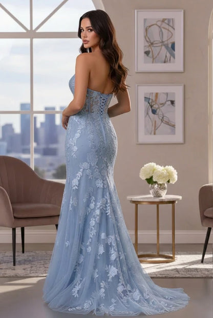 Strapless Floral Lace Mermaid Prom Dress with Corset Back | Promspark
