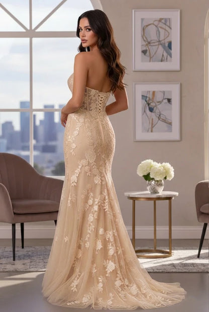 Strapless Floral Lace Mermaid Prom Dress with Corset Back | Promspark