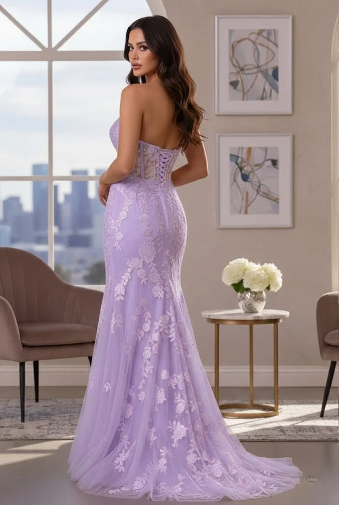 Strapless Floral Lace Mermaid Prom Dress with Corset Back | Promspark