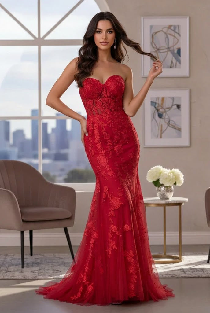Strapless Floral Lace Mermaid Prom Dress with Corset Back | Promspark