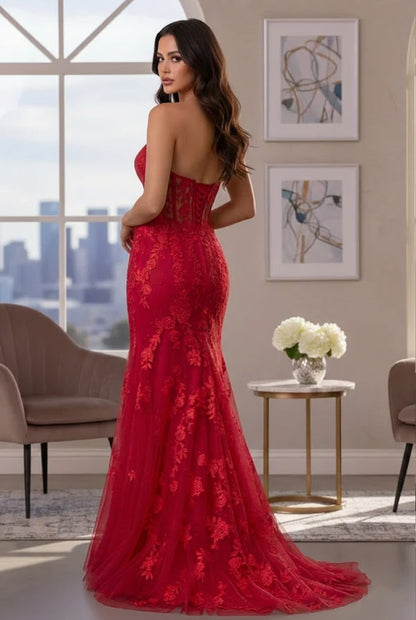 Strapless Floral Lace Mermaid Prom Dress with Corset Back | Promspark