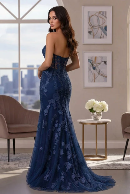Strapless Floral Lace Mermaid Prom Dress with Corset Back | Promspark