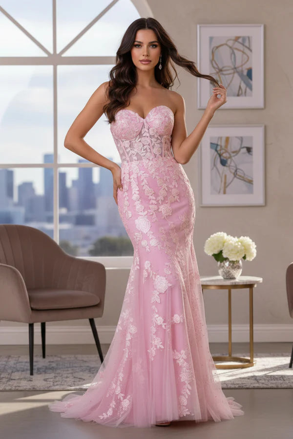 Strapless Floral Lace Mermaid Prom Dress with Corset Back | Promspark