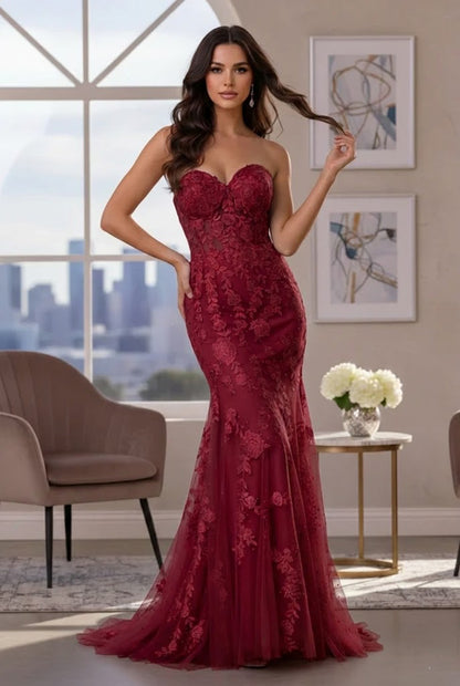 Strapless Floral Lace Mermaid Prom Dress with Corset Back | Promspark