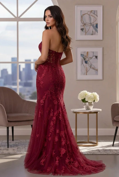 Strapless Floral Lace Mermaid Prom Dress with Corset Back | Promspark