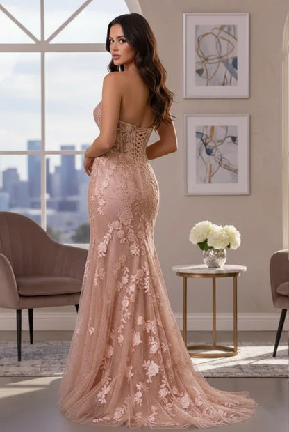 Strapless Floral Lace Mermaid Prom Dress with Corset Back | Promspark