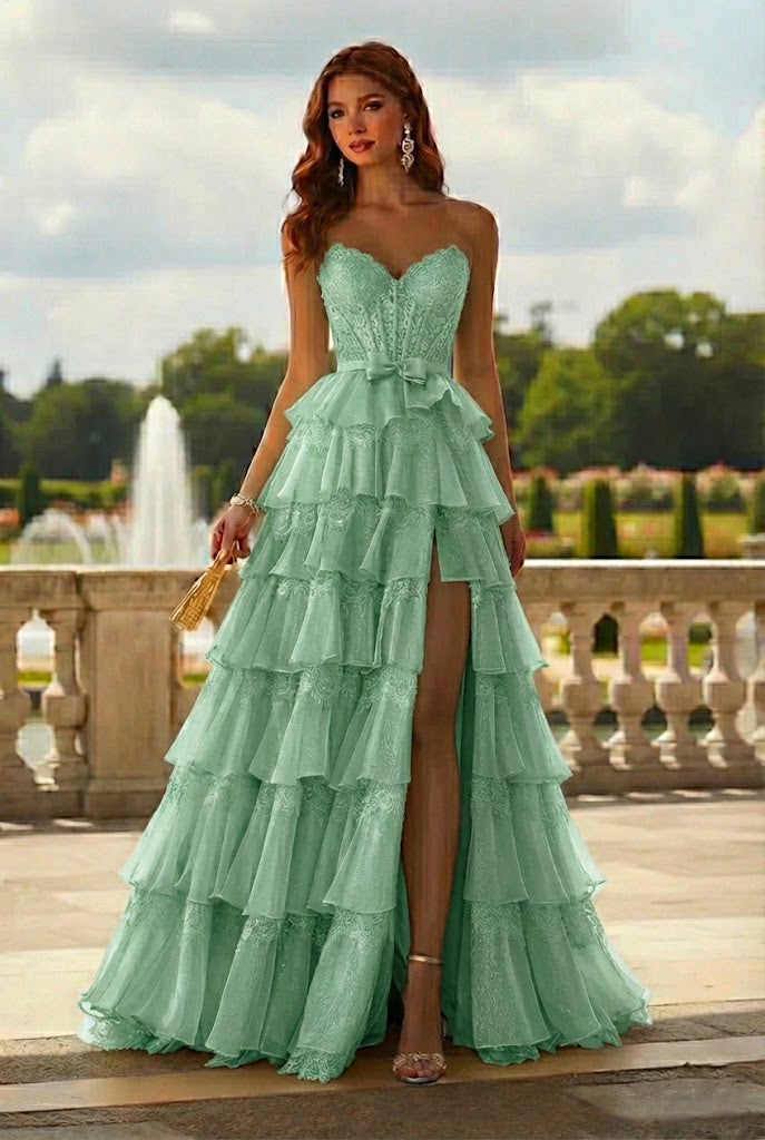 Strapless Lace Tiered Ruffle Prom Dress with Slit & Corset Back | Promspark