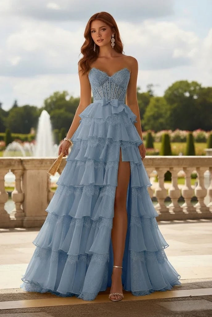 Strapless Lace Tiered Ruffle Prom Dress with Slit & Corset Back | Promspark