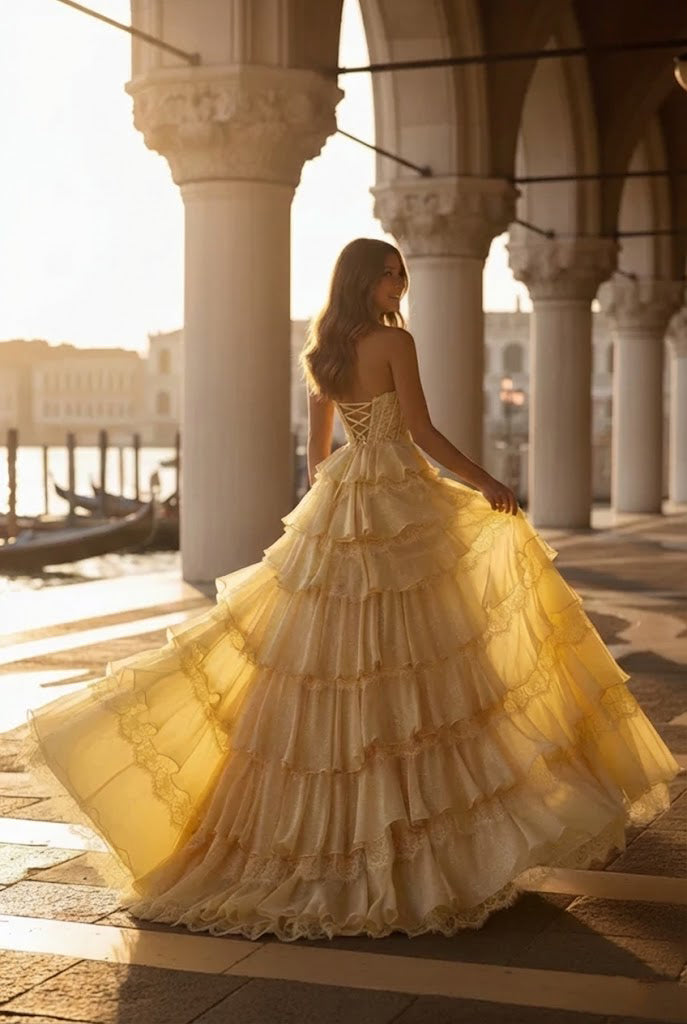 Strapless Lace Tiered Ruffle Prom Dress with Slit & Corset Back | Promspark