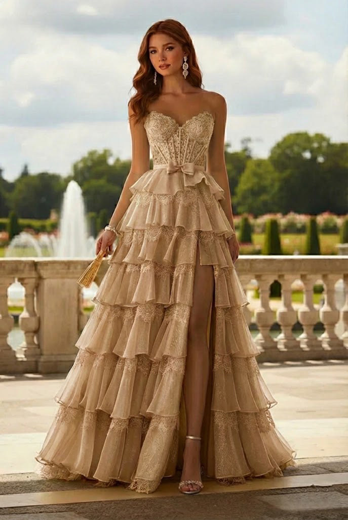 Strapless Lace Tiered Ruffle Prom Dress with Slit & Corset Back | Promspark