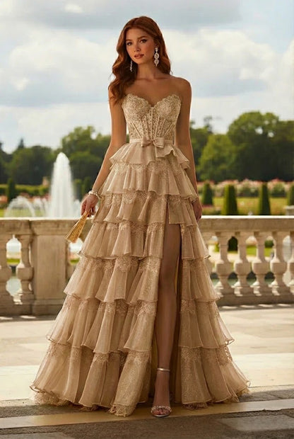 Strapless Lace Tiered Ruffle Prom Dress with Slit & Corset Back | Promspark