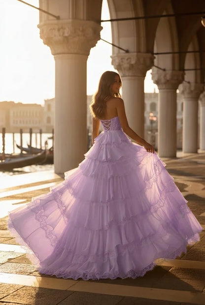 Strapless Lace Tiered Ruffle Prom Dress with Slit & Corset Back | Promspark