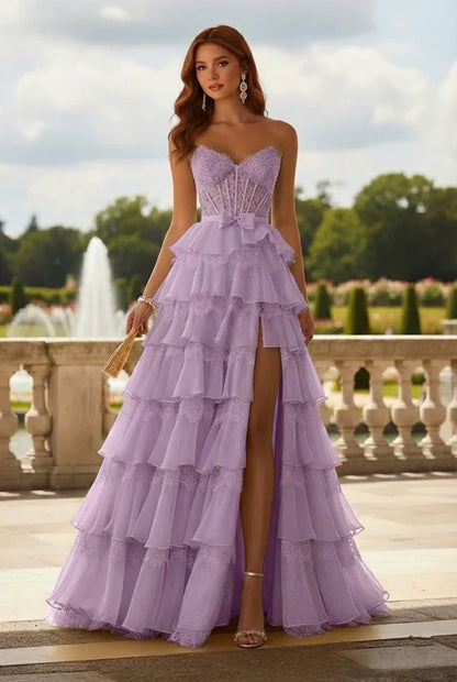 Strapless Lace Tiered Ruffle Prom Dress with Slit & Corset Back | Promspark