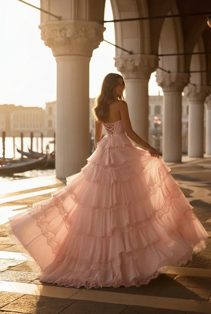 Strapless Lace Tiered Ruffle Prom Dress with Slit & Corset Back | Promspark