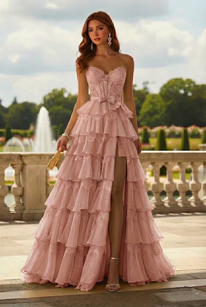 Strapless Lace Tiered Ruffle Prom Dress with Slit & Corset Back | Promspark