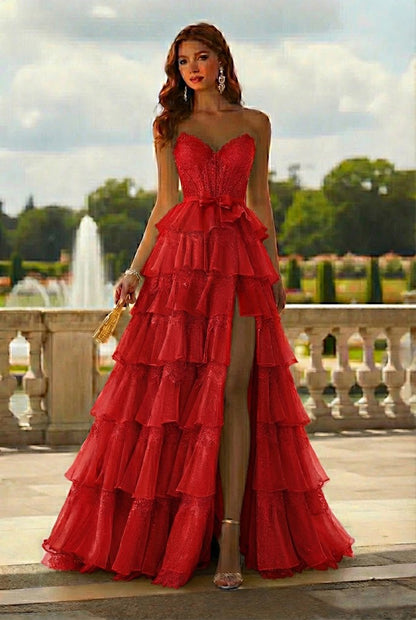 Strapless Lace Tiered Ruffle Prom Dress with Slit & Corset Back | Promspark