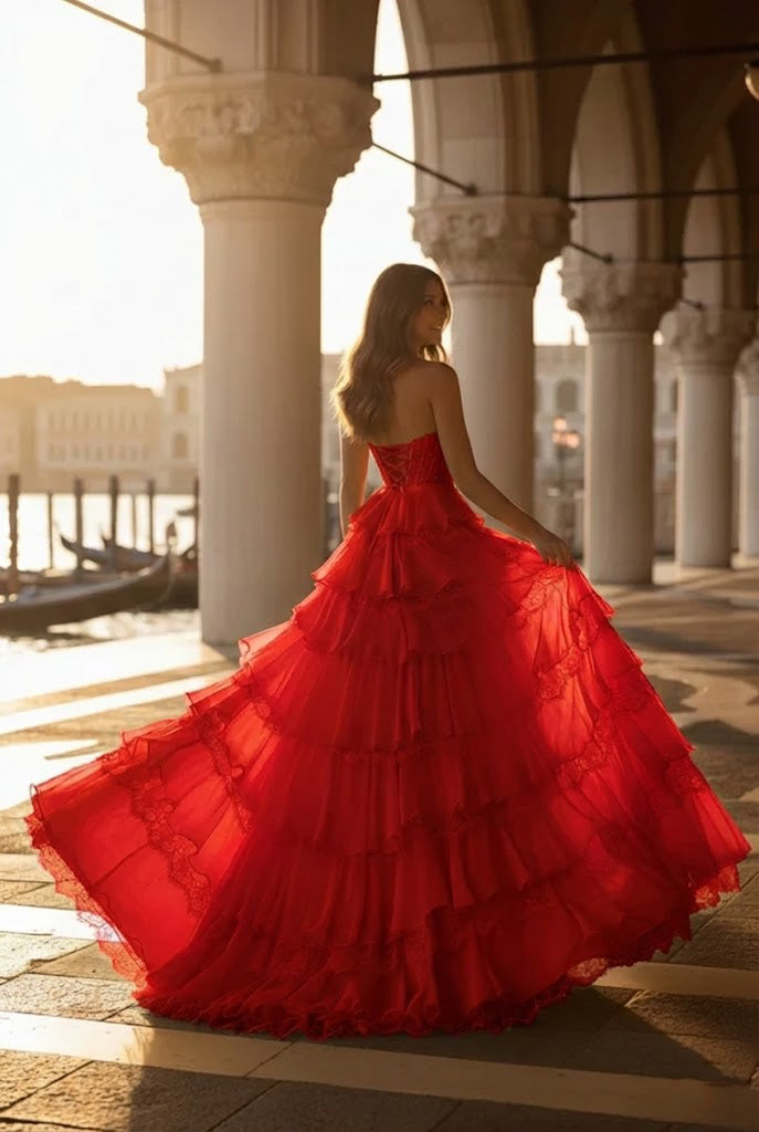 Strapless Lace Tiered Ruffle Prom Dress with Slit & Corset Back | Promspark