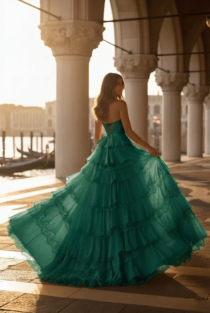 Strapless Lace Tiered Ruffle Prom Dress with Slit & Corset Back | Promspark
