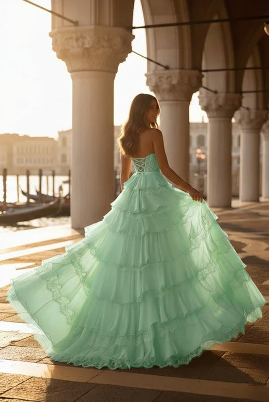 Strapless Lace Tiered Ruffle Prom Dress with Slit & Corset Back | Promspark