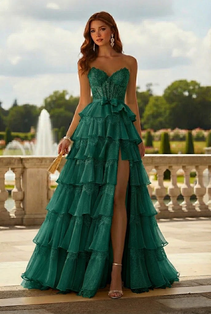 Strapless Lace Tiered Ruffle Prom Dress with Slit & Corset Back | Promspark